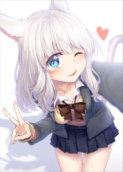 Rule 34 | 1girl, ;d, animal ears, black ribbon, blazer, blue eyes, cat ears, cat tail, collarbone, facial mark, fang, fang out, final fantasy, final fantasy xiv, heart, highres, jacket, medium hair, miqo&#039;te, one eye closed, open mouth, pleated skirt, reaching, reaching towards viewer, ribbon, selfie, skirt, smile, suga hideo, tail, upper body, v, warrior of light (ff14), white hair
