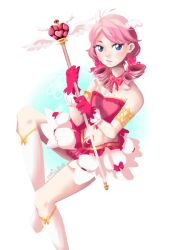 Rule 34 | 1girl, artist name, bad source, bare shoulders, blue eyes, boots, bow, dress, elodie, gloves, holding, holding wand, knee boots, long live the queen, long neck, looking at viewer, pink bow, pink gloves, pink hair, simple background, skrillbug, solo, wand, white background, white footwear