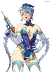 Rule 34 | 1girl, absurdres, aqua eyes, aqua hair, aqua lips, aqua nails, aqua thighhighs, bare shoulders, blue rose (tiger &amp; bunny), boots, breasts, cleavage, cowboy shot, crystal earrings, detached collar, earrings, elbow gloves, fingernails, gloves, gun, hand on own hip, hat, highres, holding, holding gun, holding weapon, jewelry, karina lyle, kotatsu (g-rough), leotard, lipstick, looking away, makeup, medium breasts, nail polish, nails visible through gloves, parted lips, sharp fingernails, short hair, signature, simple background, solo, spikes, strapless, strapless leotard, superhero costume, syringe gun, thigh boots, thighhighs, tiger &amp; bunny, trigger discipline, weapon, white background, white gloves