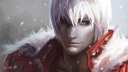 Rule 34 | 1boy, artist name, blue eyes, capcom, dante (devil may cry), dantewontdie, devil may cry, devil may cry (series), devil may cry 3, fur trim, highres, jacket, light smile, male focus, red jacket, snow, snowing, solo, upper body, white hair