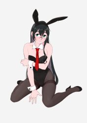 Rule 34 | 1girl, alternate costume, animal ears, bad id, bad twitter id, black hair, black leotard, blue eyes, breasts, brown pantyhose, detached collar, fake animal ears, full body, glasses, grey background, kantai collection, leotard, long hair, necktie, ojipon, ooyodo (kancolle), pantyhose, playboy bunny, rabbit ears, red necktie, semi-rimless eyewear, simple background, sitting, small breasts, solo, strapless, strapless leotard, thighband pantyhose, under-rim eyewear, wariza, wrist cuffs