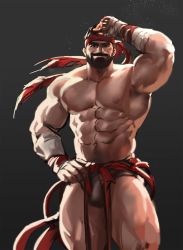 Rule 34 | 1boy, abs, bandaged arm, bandages, bara, beard, black hair, bulge, contrapposto, dopey (dopq), facial hair, feet out of frame, grin, headband, highres, large pectorals, loincloth, looking at viewer, male focus, mature male, muscular, muscular male, mustache, navel, navel hair, nipples, pectorals, red headband, ryu (street fighter), short hair, smile, solo, standing, stomach, street fighter, street fighter 6, thick eyebrows, thick thighs, thighs, topless male