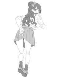 Rule 34 | 1girl, bad id, bad twitter id, bow, character request, copyright request, from behind, full body, greyscale, hair bow, hair bun, hand on own ass, leaning forward, loafers, long hair, looking at viewer, looking back, miniskirt, monochrome, pleated skirt, school uniform, shirt, shoe soles, shoes, simple background, single hair bun, skirt, socks, solo, standing, white background, zashima