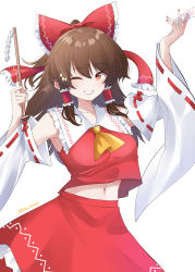 Rule 34 | 1girl, absurdres, arm up, ascot, bare shoulders, bow, brown eyes, brown hair, commentary, cowboy shot, detached sleeves, frilled bow, frills, gohei, grin, hair bow, hakurei reimu, hand up, highres, holding, long hair, long sleeves, looking at viewer, midriff, navel, ofuda, one eye closed, pinepin, red bow, red shirt, red skirt, shirt, simple background, skirt, skirt set, smile, solo, symbol-only commentary, touhou, white background, wide sleeves, yellow ascot