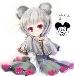 Rule 34 | 1girl, animal ears, disney, eyelashes, female focus, flower, jewelry, looking at viewer, mickey mouse, mouse ears, nail polish, nazrin, oke, pendant, purple nails, red flower, red rose, rose, smile, solo, touhou, yazawa oke