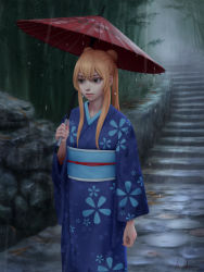Rule 34 | 1girl, arm at side, arm up, bamboo, bamboo forest, blue kimono, blue sash, closed mouth, commentary, commission, double bun, english commentary, expressionless, floral print, forest, gohpot, green eyes, hair bun, holding, holding umbrella, japanese clothes, kimono, lips, long hair, long sleeves, nature, oil-paper umbrella, original, outdoors, rain, red umbrella, sash, signature, solo, stairs, standing, twintails, umbrella, wide sleeves