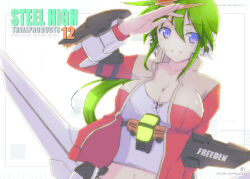 Rule 34 | 1girl, after war gundam x, blue eyes, breasts, cleavage, collarbone, comiket 86, commentary request, cosplay, garrod ran, garrod ran (cosplay), green hair, grin, gundam, gundam double x, jacket, large breasts, long hair, looking at viewer, low ponytail, mecha musume, midriff, navel, open clothes, open jacket, sidelocks, smile, solo, tsukii tsukato, upper body, v-fin