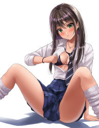 Rule 34 | 1girl, arm support, black bra, blue necktie, blue skirt, blush, bra, breasts, brown hair, clothes pull, collarbone, collared shirt, commentary request, green eyes, hair between eyes, hand on own chest, highres, jewelry, long hair, looking at viewer, loose socks, medium breasts, necktie, original, parted lips, pendant, school uniform, shirt, shirt pull, shirt tucked in, skirt, socks, spread legs, thighs, underwear, v-shaped eyebrows, white background, white shirt, white socks, wing collar, yukemuriganmo