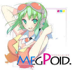 Rule 34 | 1girl, breasts, cleavage, goggles, gradient hair, green eyes, green hair, gumi, headset, large breasts, matching hair/eyes, mizoguchi keiji, multicolored hair, sidelocks, smile, solo, upper body, vocaloid, wing collar
