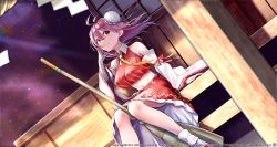Rule 34 | 1girl, ahoge, bandaged arm, bandages, bare shoulders, between legs, breasts, broom, bun cover, copyright name, copyright notice, cosplay, detached sleeves, double bun, dutch angle, hair bun, hakurei reimu, hakurei reimu (cosplay), hakurei shrine, ibaraki kasen, large breasts, looking at viewer, mappaninatta, midriff, nontraditional miko, pink eyes, pink hair, red shirt, red skirt, shirt, sitting, skirt, sleeveless, sleeveless shirt, solo, touhou, touhou lostword, white sleeves, wide sleeves