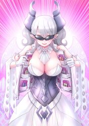 Rule 34 | 1girl, akisame rizu, armored corset, breasts, card, cleavage, commentary request, demon girl, demon horns, demon wings, dress, duel monster, emphasis lines, grey eyes, grey hair, highres, horns, large breasts, looking at viewer, lovely labrynth of the silver castle, open clothes, open vest, pointy ears, revision, smile, solo, standing, sunglasses, trading card, trap hole, twintails, vest, white dress, wings, yu-gi-oh!