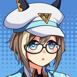 Rule 34 | 1girl, animal ears, bespectacled, blue background, blue eyes, blush, brown hair, cheval grand (umamusume), commentary request, glasses, hat, highres, horse ears, horse girl, looking at viewer, medium hair, open mouth, portrait, sailor hat, solo, umamusume, yasume yukito