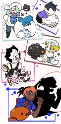 Rule 34 | 2girls, 4boys, aged down, allister (pokemon), black hair, black pants, blue scarf, blush, blush stickers, boots, bow, brother and sister, closed mouth, commentary, creatures (company), dark-skinned male, dark skin, galarian corsola, galarian form, galarian zigzagoon, game freak, gen 3 pokemon, gen 5 pokemon, gen 8 pokemon, gordie (pokemon), green eyes, grey pants, hair bow, hat, highres, holding, kodomo no hi, long sleeves, marnie (pokemon), melony (pokemon), multicolored hair, multiple boys, multiple girls, nintendo, orange headwear, pants, piers (pokemon), pokemon, pokemon (creature), pokemon swsh, purple shirt, raihan (pokemon), rattle, roggenrola, scarf, shirt, short hair, short sleeves, siblings, sleeping, snom, snowman, sweater, trapinch, two-tone hair, white hair, white headwear, white sweater, zigzagdb