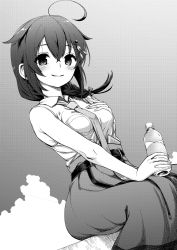 Rule 34 | 1girl, ahoge, braid, cloud, dutch angle, feet out of frame, gouta (nagishiro6624), greyscale, hair flaps, hair ornament, hair over shoulder, highres, kantai collection, long hair, looking at viewer, monochrome, necktie, official alternate costume, pants, shigure (kancolle), shigure kai ni (kancolle), shirt, single braid, sitting, sky, sleeveless, sleeveless shirt, smile, solo
