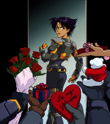 Rule 34 | 1girl, 5boys, ass, black background, body armor, bodysuit, bouquet, box, breasts, chocolate, cowboy shot, flower, gift, gift box, gloves, green eyes, hasegawa mai, konoko, looking back, medium breasts, multiple boys, official art, oni (game), open mouth, gift, purple hair, rose, short hair, skin tight, stuffed animal, stuffed toy, teddy bear, two-tone background, valentine