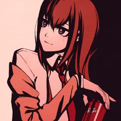 Rule 34 | 1girl, black background, blue eyes, brown jacket, can, closed mouth, commentary, dr pepper, dress shirt, drink, drink can, hair between eyes, high contrast, holding, holding can, holding drink, jacket, light blush, light smile, long hair, looking away, looking up, makise kurisu, moshimoshibe, necktie, off-shoulder jacket, off shoulder, red hair, red necktie, romaji commentary, shirt, soda, soda can, solo, steins;gate, texture, turning head, upper body, white background, white shirt
