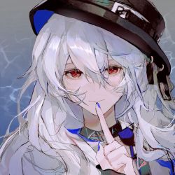 Rule 34 | 1girl, arknights, black headwear, blue nails, closed mouth, finger to mouth, gradient background, grey hair, highres, index finger raised, long hair, looking at viewer, nail polish, official alternate costume, red eyes, shushing, smile, solo, specter (arknights), specter (undercurrent) (arknights), tilted headwear, upper body