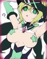 Rule 34 | 1girl, ?, akatsuki kirika, armpits, arms up, blonde hair, breasts, breasts apart, breasts out, covered erect nipples, covered navel, empty eyes, green eyes, headgear, hypnosis, kuro mushi, looking at viewer, medium breasts, mind control, open mouth, pasties, senki zesshou symphogear, shiny skin, short hair, simple background, solo, spoken question mark, star pasties, upper body, white background