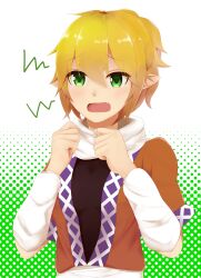 Rule 34 | 1girl, absurdres, arm warmers, black shirt, blonde hair, blush, breasts, brown shirt, commentary request, fang, green background, green eyes, hair between eyes, highres, long bangs, mizuhashi parsee, open mouth, pointy ears, polka dot, polka dot background, scarf, shirt, short hair, short sleeves, small breasts, solo, touhou, undershirt, upper body, uziki ntoki, white background, white scarf