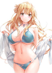 Rule 34 | 1girl, bad id, bad pixiv id, bikini, blonde hair, blue bikini, blush, braid, breasts, brown eyes, closed mouth, collarbone, commentary request, highres, kyariko, large breasts, long hair, looking at viewer, navel, original, simple background, smile, solo, swimsuit, thighs, white background