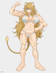 Rule 34 | 19vodnik, 1girl, abs, absurdres, blue eyes, breasts, cat girl, cat tail, cleavage, heterochromia, highres, large breasts, lion girl, lion tail, long hair, looking to the side, muscular, muscular female, original, red eyes, scar, signature, solo, tail