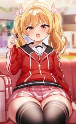 Rule 34 | 1girl, ahoge, ajifurai, black thighhighs, blonde hair, blue archive, blurry, blurry background, blush, brown eyes, chocolate, commentary, couch, depth of field, eating, hair between eyes, hair ornament, hair ribbon, halo, hand up, highres, holding, indoors, jacket, long hair, long sleeves, looking at viewer, medium hair, miniskirt, open mouth, ribbon, sailor collar, school uniform, sitting, skirt, solo, thick thighs, thighhighs, thighs, twintails, yellow eyes, yoshimi (blue archive)