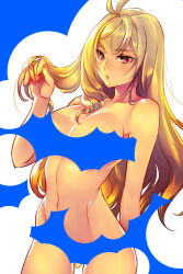 Rule 34 | 1girl, alternate hair length, alternate hairstyle, angelise ikaruga misurugi, antenna hair, blonde hair, blue background, breasts, censored, cleavage, collarbone, completely nude, cross ange, kin mokusei, large breasts, long hair, looking at viewer, nude, red eyes, serious, sidelocks, solo, two-tone background, upper body, white background