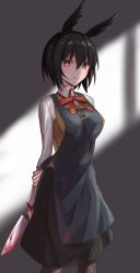 Rule 34 | 1girl, apron, black apron, black hair, black skirt, blood, bloody knife, bow, breasts, brown vest, commentary request, elfenlied22, fate/grand order, fate (series), hair between eyes, head wings, highres, holding, holding knife, homurahara academy school uniform, kitchen knife, knife, large breasts, ortlinde (fate), red bow, red eyes, red neckwear, school uniform, shadow, shirt, short hair, skirt, solo, striped, striped bow, valkyrie (fate), vest, white shirt, wings, yandere