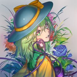 Rule 34 | 1girl, black hat, blouse, blue flower, blue rose, bow, chaojixiaopi, commentary, eyebrows hidden by hair, eyelashes, floral print, flower, flower request, frilled shirt collar, frills, from side, green eyes, green hair, grey background, hair between eyes, hat, hat bow, heart, heart of string, highres, komeiji koishi, looking at viewer, looking to the side, medium hair, orange flower, parted lips, red flower, rose, rose print, shirt, simple background, smile, solo, third eye, touhou, upper body, white flower, yellow bow, yellow shirt
