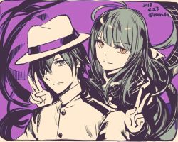 Rule 34 | 1boy, 1girl, antenna hair, black border, blunt bangs, border, closed mouth, commentary request, dated, double v, fate/grand order, fate (series), hair over one eye, hat, jacket, long hair, looking at viewer, oryou (fate), pink background, rioka (southern blue sky), sakamoto ryouma (fate), scarf, smile, twitter username, v