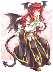 Rule 34 | 1girl, ;d, clover, cross, demon girl, demon tail, demon wings, fang, four-leaf clover, head tilt, head wings, juliet sleeves, koakuma, leaning forward, long hair, long sleeves, low wings, mumumu, one eye closed, open mouth, plant, potted plant, puffy sleeves, red eyes, red hair, shirt, skirt, skirt set, smile, solo, tail, touhou, very long hair, vest, wings