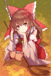 Rule 34 | 1girl, an2a, antenna hair, bow, broom, brown eyes, brown hair, head rest, detached sleeves, female focus, flower, hair bow, hair flower, hair ornament, hakurei reimu, japanese clothes, light smile, looking at viewer, looking up, miko, short hair, smile, solo, squatting, touhou