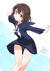 Rule 34 | 1girl, aohashi ame, blue one-piece swimsuit, blush, brave witches, breasts, brown eyes, brown hair, closed mouth, dress, hair ornament, hairclip, happy birthday, highres, karibuchi hikari, looking at viewer, military, military uniform, one-piece swimsuit, sailor dress, shiny skin, short hair, small breasts, smile, solo, swimsuit, swimsuit under clothes, uniform, world witches series