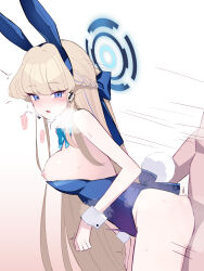 Rule 34 | 1boy, 1girl, animal ears, bent over, blonde hair, blue archive, blue bow, blue eyes, blue leotard, blush, bow, bowtie, braid, breasts, breasts out, breath, clothed female nude male, clothed sex, detached collar, earpiece, fake animal ears, fake tail, french braid, hair bow, halo, heavy breathing, hetero, highleg, highleg leotard, highres, leotard, leotard pull, long hair, looking back, medium breasts, microphone, moaning, motion lines, nipples, nude, odaneru apart, official alternate costume, official alternate hairstyle, open mouth, piercing, playboy bunny, rabbit ears, rabbit tail, sex, sex from behind, solo focus, standing, standing sex, sweat, tail, toki (blue archive), toki (bunny) (blue archive), very long hair, wrist cuffs