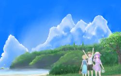 Rule 34 | 3girls, ^ ^, alice margatroid, alternate costume, alternate hairstyle, arms up, bag, beach, bird, black shorts, blonde hair, blue dress, blue eyes, blue sky, bow, braid, bush, cirno, closed eyes, cloud, commentary request, crescent moon, day, dress, forest, grass, hair bow, hairband, hands up, happy, hat, hat bow, hat ornament, hitsuji (bluesheep), jewelry, kirisame marisa, lake, long hair, looking to the side, looking up, moon, multiple girls, nature, necklace, open mouth, outdoors, patchouli knowledge, path, picnic basket, purple dress, purple eyes, road, satchel, scarlet devil mansion, scenery, shirt, short dress, short hair, shorts, single braid, sky, smile, sundress, t-shirt, teeth, touhou, tree, twintails, white shirt, wind, wristband
