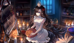 Rule 34 | 1girl, absurdres, apron, artist name, bandaged arm, bandages, black skirt, blue eyes, bookshelf, bow, breasts, brown hair, candle, chinese commentary, commentary request, different reflection, egg, hair bow, highres, jack-o&#039;-lantern, long hair, medium breasts, mirror, object on head, original, parted lips, red bow, reflection, sheya, signature, skirt, solo, very long hair, white apron, window