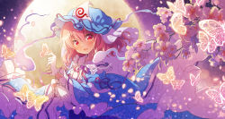 Rule 34 | 1girl, :d, blue dress, blue hat, bug, butterfly, butterfly on hand, cherry blossoms, dress, full moon, gloves, hat, hat ribbon, highres, insect, kawanobe, moon, night, open mouth, outdoors, pink hair, purple ribbon, red eyes, ribbon, ribbon-trimmed headwear, ribbon trim, saigyouji yuyuko, smile, solo, standing, touhou, white gloves, wide sleeves