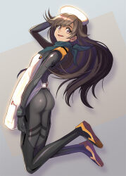 Rule 34 | 1girl, apron, ass, black bodysuit, blue neckerchief, bodysuit, breasts, brown eyes, brown hair, commentary request, evangelion: 3.0+1.0 thrice upon a time, from side, full body, hat, highres, long hair, neckerchief, neon genesis evangelion, open mouth, plugsuit, rebuild of evangelion, skin tight, small breasts, smile, solo, suzuhara sakura, syope