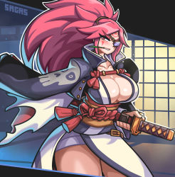 Rule 34 | 1girl, absurdres, artist name, baiken, big hair, blush, breasts, cleavage, cowboy shot, guilty gear, highres, large breasts, outline, parted lips, pink hair, ponytail, red eyes, rope, sagas293, shadow, smile, solo, sword, tassel, weapon, white outline