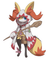 Rule 34 | artist name, belt pouch, blue eyes, braixen, closed mouth, commentary request, cosplay, creatures (company), final fantasy, final fantasy i, full body, furry, game freak, gen 6 pokemon, holding, holding staff, hooded robe, makoto ikemu, nintendo, orange fur, pokemon, pokemon (creature), pouch, red robe, robe, simple background, smile, snout, staff, standing, tail, two-tone fur, two-tone robe, white background, white mage (final fantasy), white mage (final fantasy) (cosplay), white robe, yellow fur