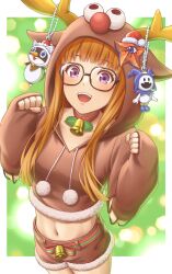 Rule 34 | 1girl, :d, animal costume, animal hood, antlers, bell, belt, blunt bangs, border, brown shorts, choker, decarabia, fur-trimmed shorts, fur trim, glasses, hands up, highres, hood, hoodie, horns, jack frost (megami tensei), jingle bell, masatoshi 1219, midriff, morgana (persona 5), navel, neck bell, open mouth, orange hair, persona, persona 5, pom pom (clothes), purple eyes, red belt, red choker, red nose, reindeer antlers, reindeer costume, reindeer hood, sakura futaba, short shorts, shorts, smile, solo, stomach, white border