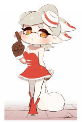 Rule 34 | + +, 1girl, adapted costume, ankle boots, arm behind back, blush, boots, breasts, brown eyes, brown gloves, cleavage, commentary, coula cat, dress, earrings, food, food on head, full body, fur collar, gloves, grey hair, highres, holding, holding sack, inkling, jewelry, light blush, looking at viewer, marie (splatoon), medium breasts, mole, mole under eye, multicolored hair, nintendo, object on head, pantyhose, parted lips, pointing, pointing up, pointy ears, red dress, red footwear, red hair, sack, short dress, short hair, solo, splatoon (series), splatoon 1, standing, strapless, strapless dress, symbol-shaped pupils, tentacle hair, two-tone hair, white pantyhose