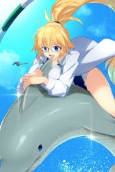 Rule 34 | 1girl, blonde hair, blue eyes, breasts, dolphin, echo (circa), fate/grand order, fate (series), high ponytail, jacket, jeanne d&#039;arc (fate), jeanne d&#039;arc (swimsuit archer) (fate), jeanne d&#039;arc (swimsuit archer) (second ascension) (fate), large breasts, long hair, one-piece swimsuit, swimsuit, thighs, very long hair, whistle, whistle around neck, white jacket, white one-piece swimsuit