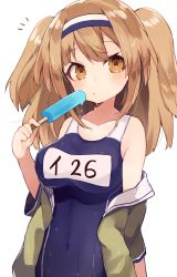 Rule 34 | 10s, 1girl, breasts, brown eyes, food, hairband, i-26 (kancolle), kantai collection, large breasts, light brown hair, long hair, looking at viewer, name tag, new school swimsuit, off shoulder, one-piece swimsuit, open clothes, popsicle, sailor collar, school swimsuit, short sleeves, shugao, solo, swimsuit, swimsuit under clothes, two-tone hairband, two side up