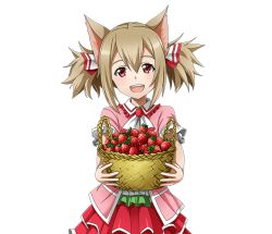 Rule 34 | 1girl, :d, animal ears, brown hair, cat ears, food, fruit, hair between eyes, layered skirt, long hair, looking at viewer, open mouth, pink shirt, red eyes, red skirt, shirt, short sleeves, short twintails, silica, silica (sao-alo), skirt, smile, solo, strawberry, sword art online, transparent background, twintails, upper body