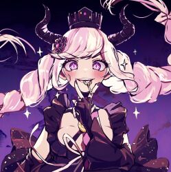 Rule 34 | 1girl, black background, black dress, black gloves, black horns, black nails, breasts, crown, dress, fingerless gloves, gloves, hand up, highres, horns, key in mouth, large breasts, long sleeves, looking at viewer, master detective archives: rain code, mouth hold, multicolored hair, nail polish, pink background, pink hair, shinigami (rain code), smile, solo, teeth, teeth hold, two-tone hair, upper body, v, white hair, yoruhachi