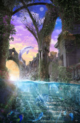 Rule 34 | absurdres, angelfish, architecture, artist name, ayaru (grenadine), bubble, cloud, dolphin, fantasy, fish, flower, full moon, greco-roman architecture, highres, hourglass, iv stand, lens flare, light rays, moon, no humans, original, overgrown, pillar, plant, ruins, scenery, shooting star, sky, stairs, tropical fish, twilight, vines, water, wheelchair