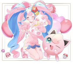 Rule 34 | 1girl, azuki anko, balloon, blue skirt, bull sprite (pokemon), cardigan, clefairy sprite (pokemon), commentary, creatures (company), fairy miku (project voltage), fish sprite (pokemon), flower, fossil sprite (pokemon), game freak, gen 1 pokemon, hair flower, hair ornament, hatsune miku, highres, jigglypuff, kneeling, long hair, looking at viewer, multicolored hair, nintendo, one eye closed, pink cardigan, pink footwear, poke ball, pokemon, pokemon (creature), project voltage, scrunchie, skirt, smile, symbol-only commentary, twintails, two-tone hair, v, very long hair, vocaloid, wrist scrunchie