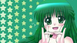 Rule 34 | 1girl, :d, awa, blush, green eyes, green hair, hidamari sketch, lowres, open mouth, smile, star (symbol), yoshinoya (hidamari sketch)