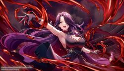 Rule 34 | 1girl, :d, aurora (kage no jitsuryokusha ni naritakute!), bare shoulders, black dress, black gloves, blood, breasts, cleavage cutout, clothing cutout, cloud, collared dress, copyright notice, crowd, dark clouds, dress, ear piercing, earclip, flipped hair, floating hair, gloves, hair intakes, hair over one eye, highres, impossible clothes, impossible dress, jewelry, kage no jitsuryokusha ni naritakute!, knees out of frame, large breasts, long hair, looking at viewer, necklace, official art, open mouth, outstretched arm, piercing, purple eyes, purple hair, second-party source, sleeveless, sleeveless dress, smile, solo, stadium, standing, teeth, upper teeth only, very long hair, white background